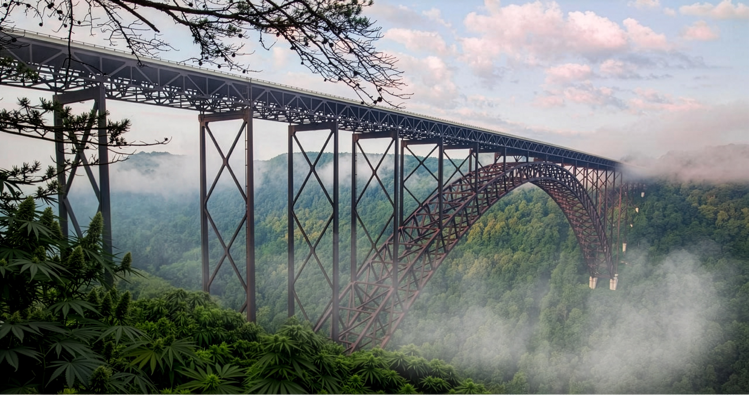 New River Gorge Bridge surrounded by lush green mountains
